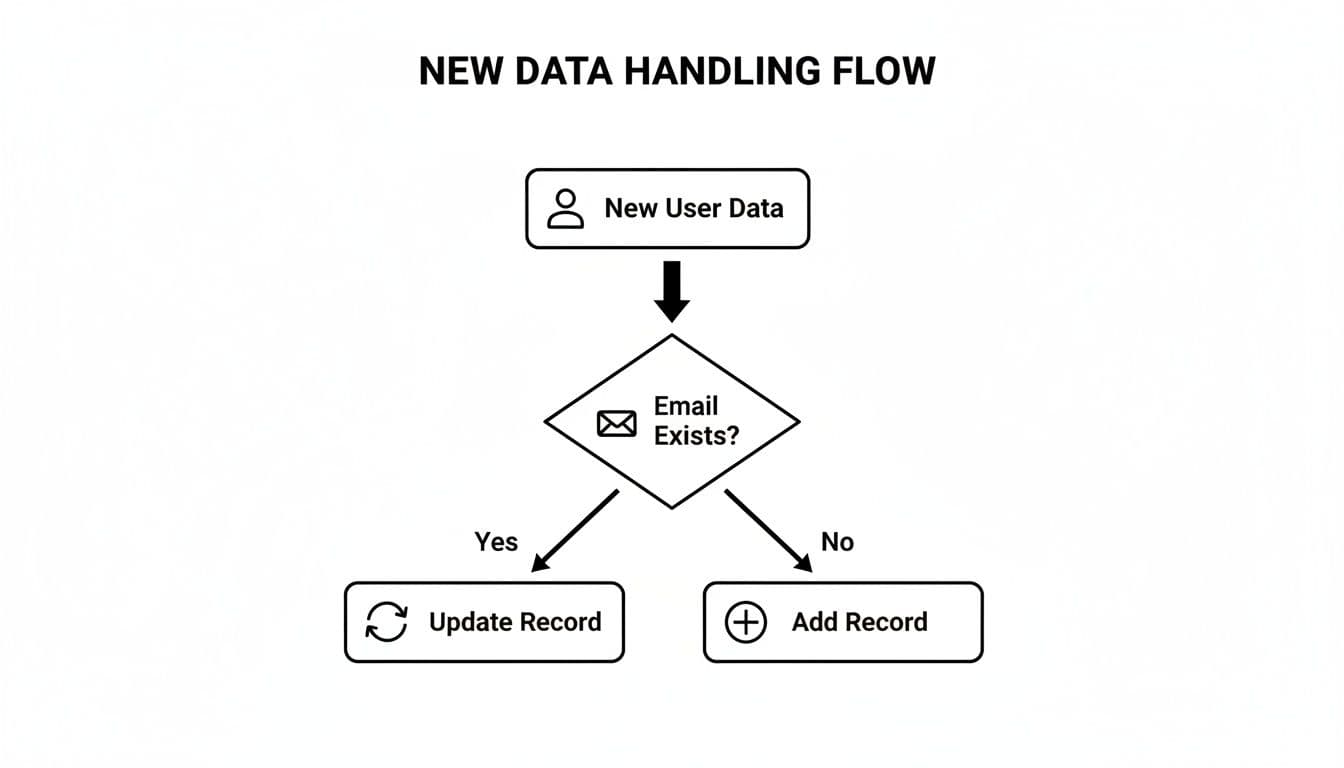 Flowchart illustrating new user data handling: check email existence to update or add record.