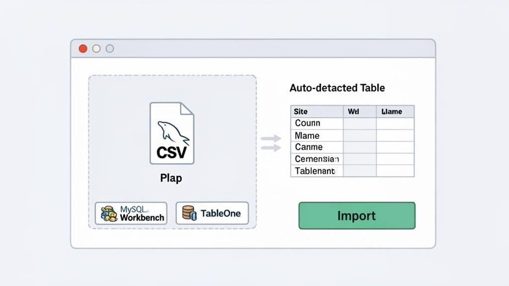 A user interface demonstrating the process of importing a CSV file into a database, with a data table preview.