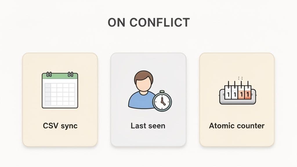 Three examples of 'ON CONFLICT' strategies: CSV sync, Last seen, and Atomic counter, shown with icons.