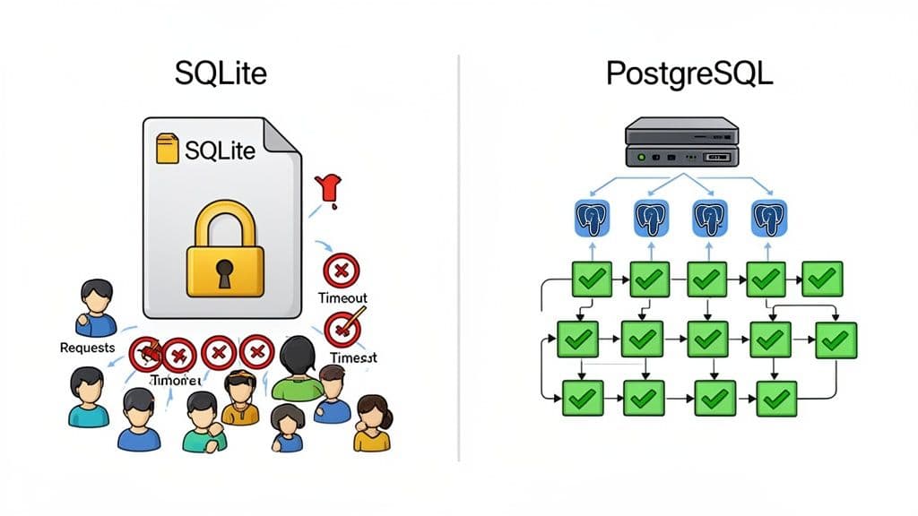 Diagram comparing SQLite's single-writer locking issues with PostgreSQL's efficient concurrent operations.