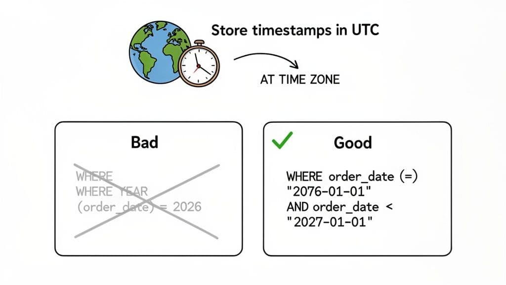 Illustration of good and bad SQL queries for filtering by year, recommending UTC timestamps.