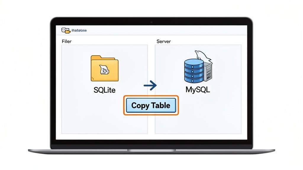 A laptop screen illustrates copying a table from an SQLite database to a MySQL server.