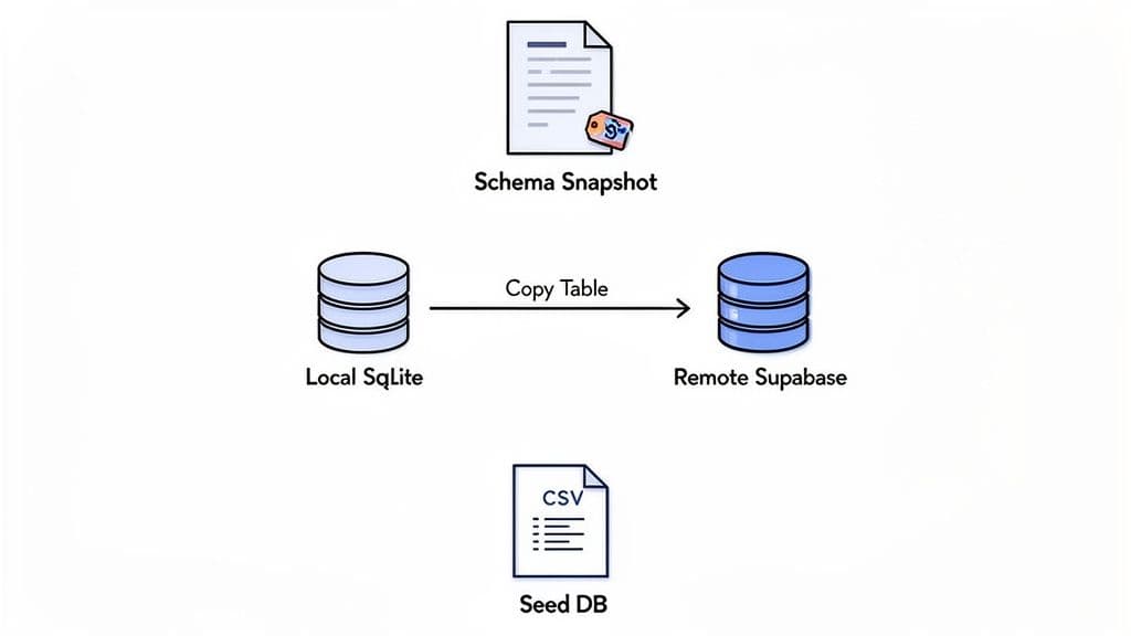 A diagram illustrates data flow from Local SQLite to Remote Supabase, with Schema Snapshot and Seed DB components.