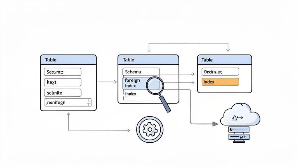A diagram illustrating database schema, tables with foreign keys and indexes, a search function, and a cloud database.