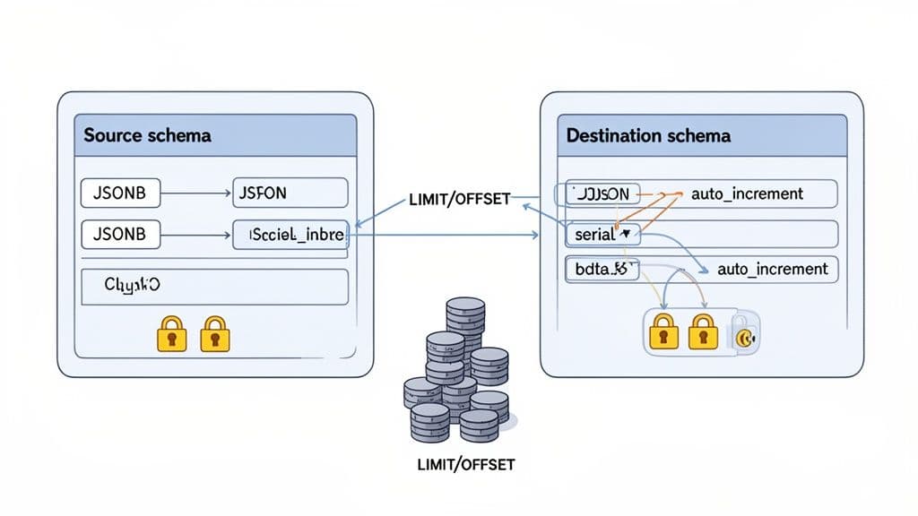 Diagram illustrating data migration between source and destination database schemas, highlighting LIMIT/OFFSET and auto-increment.
