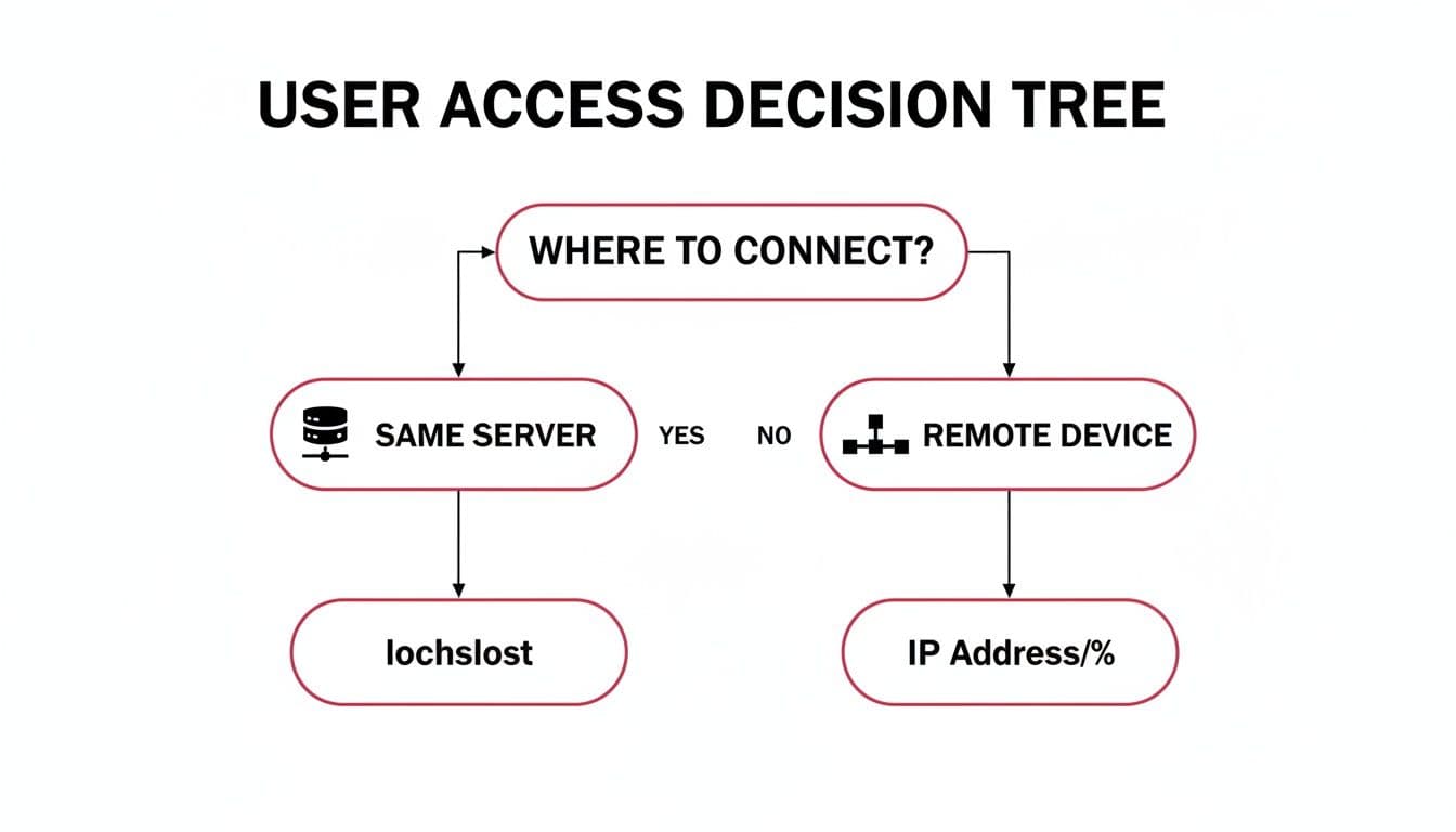 Decision tree illustrating user access connection choices: same server (localhost) or remote device (IP address).
