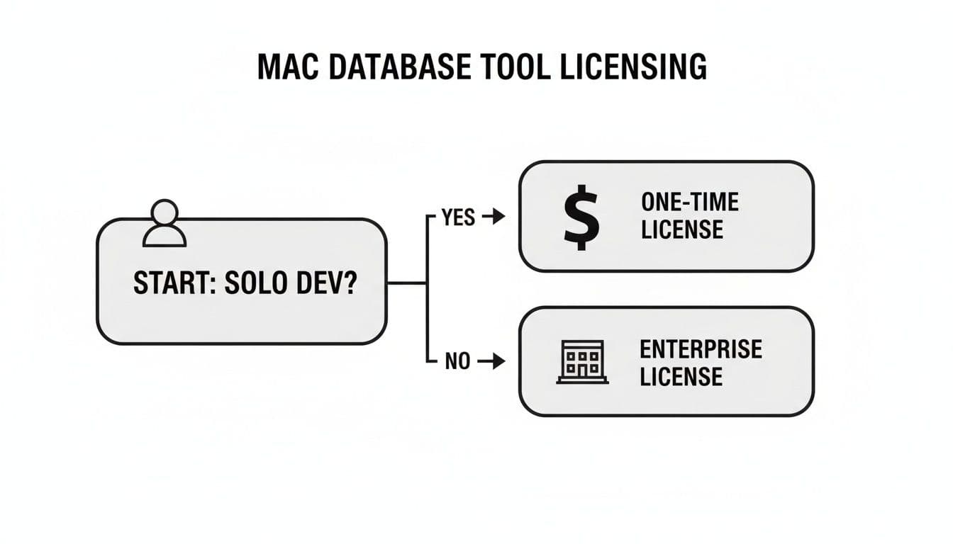 Flowchart showing Mac database tool licensing: solo developers get one-time licenses, others get enterprise licenses.