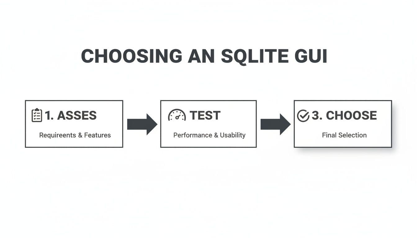 Flowchart illustrating the three-step process for choosing an SQLite GUI: assess, test, and choose.