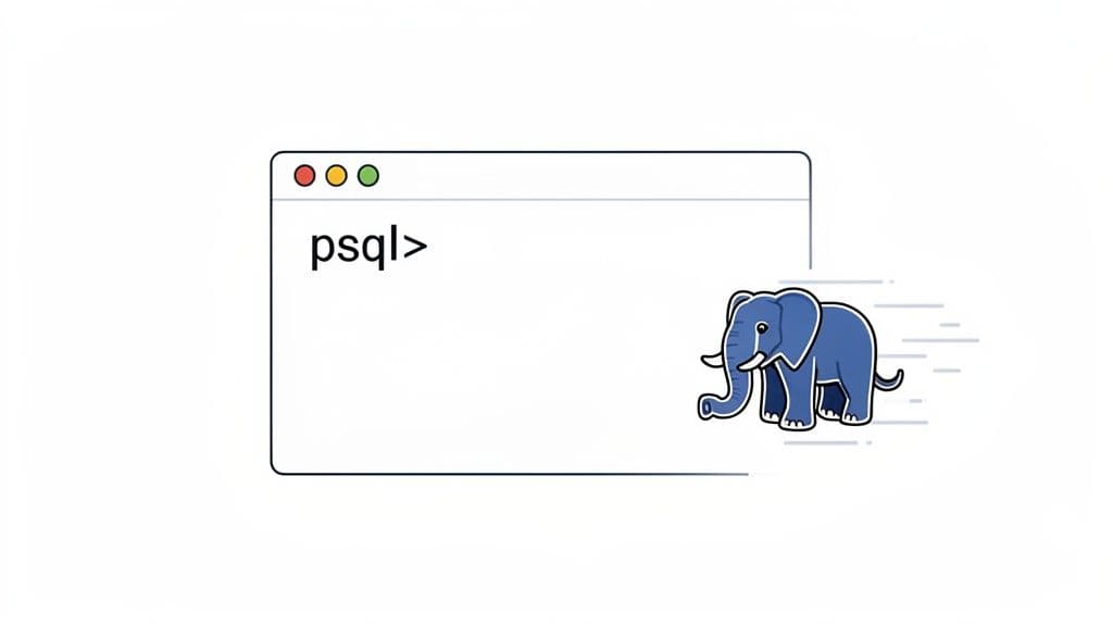 A terminal window showing 'psql>' prompt with a fast-moving blue elephant, symbolizing quick PostgreSQL database interaction.