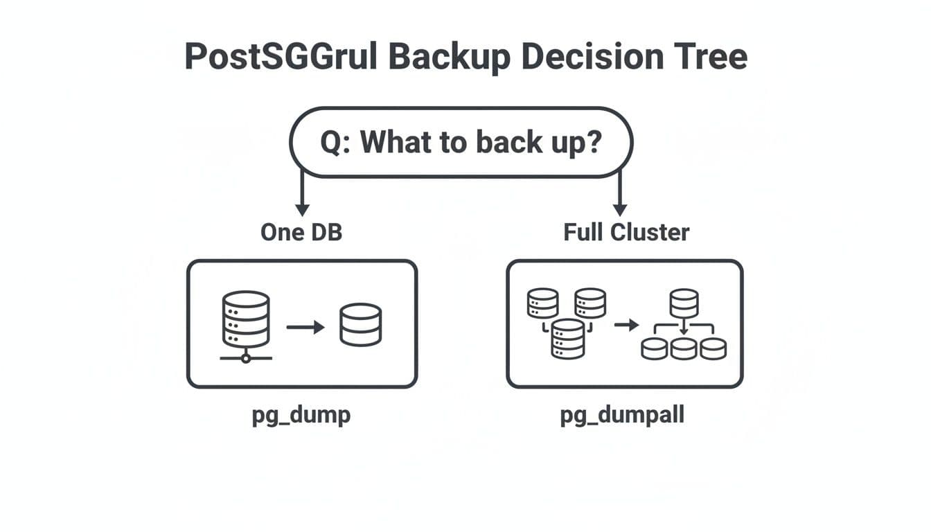 A decision tree for PostSGGrul backups: pg_dump for one DB, pg_dumpall for a full cluster.