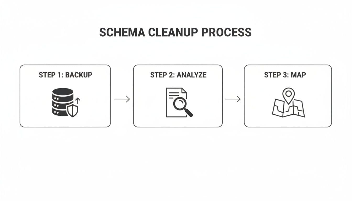 A three-step diagram illustrating the schema cleanup process: backup, analyze, and map.