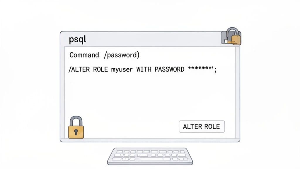 A psql terminal window shows an SQL command to alter a user's password, with a keyboard.