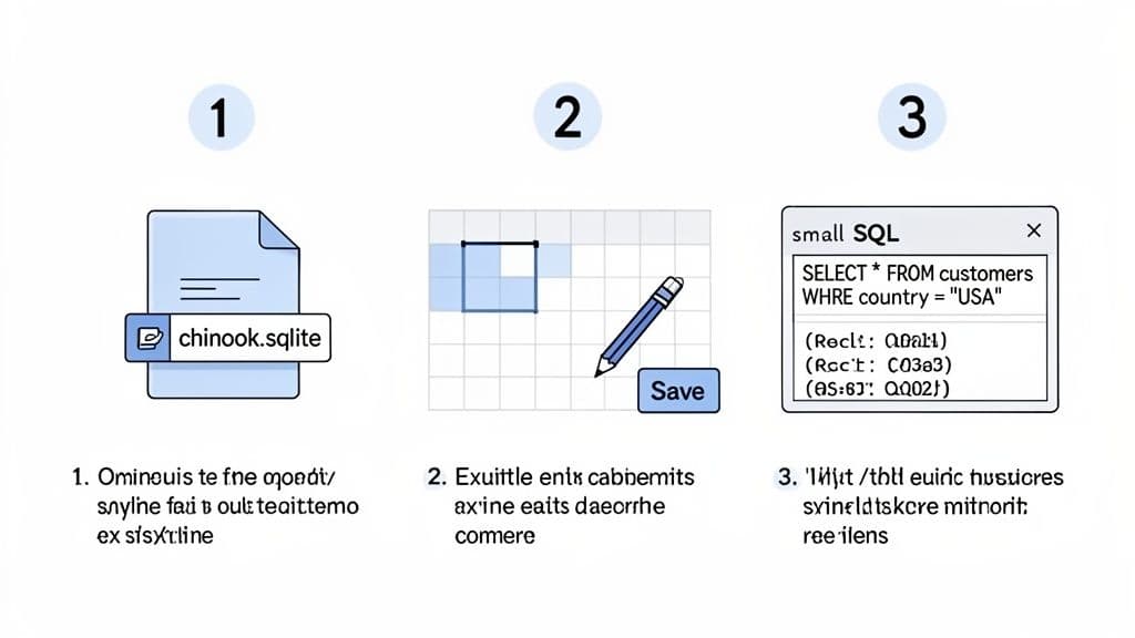Three steps illustrating opening, editing, and querying a SQLite database file with SQL commands.