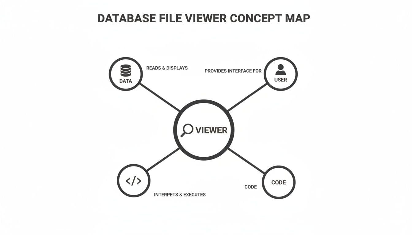 A concept map illustrating a database file viewer's interaction with data, user interface, and code execution.