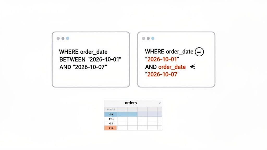 Two SQL WHERE clauses demonstrate different ways to query order dates within a specific range.