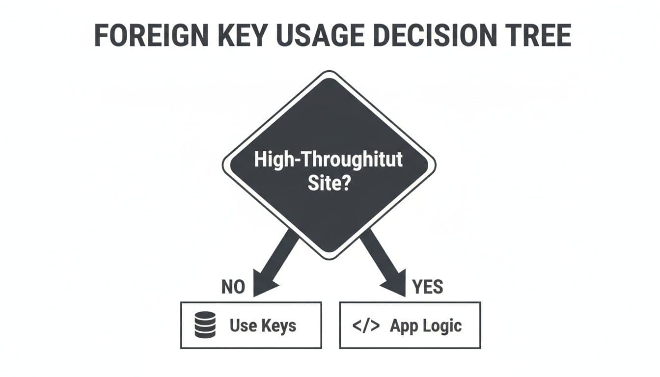Foreign Key Usage Decision Tree showing to use keys for low-throughput sites and app logic for high-throughput sites.