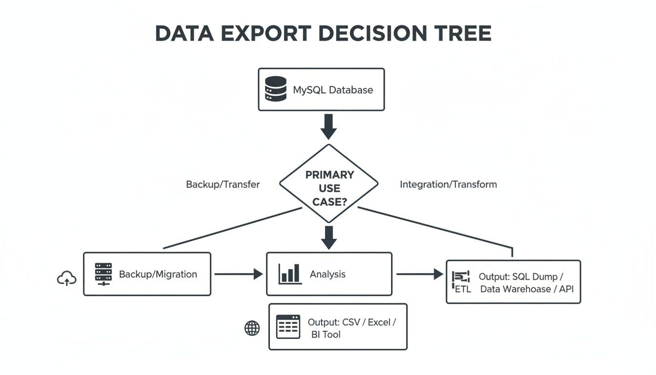 A data export decision tree from MySQL database, showing paths for backup, analysis, or integration.