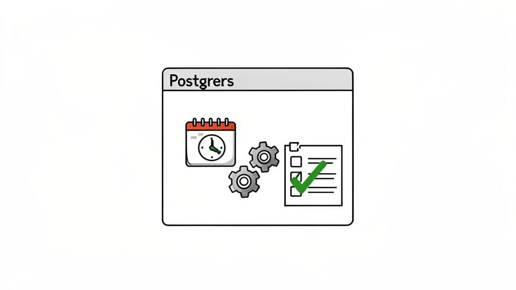 A diagram illustrating scheduled tasks and processes within a Postgres database, ending with a successful checklist.