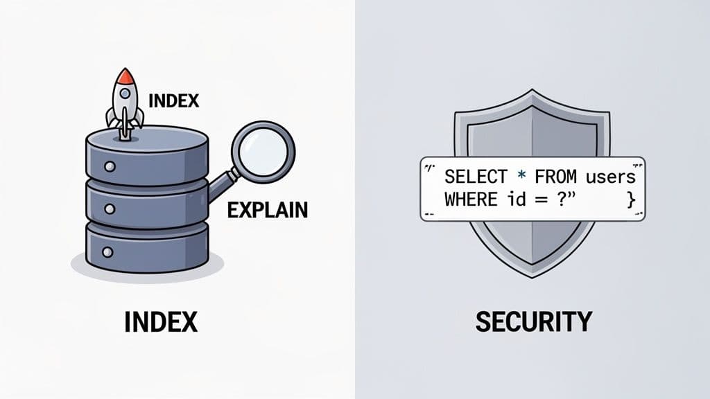 Illustrates key database concepts: a rocket on disks for indexing, a magnifying glass for explain plans, and a shield protecting SQL queries.