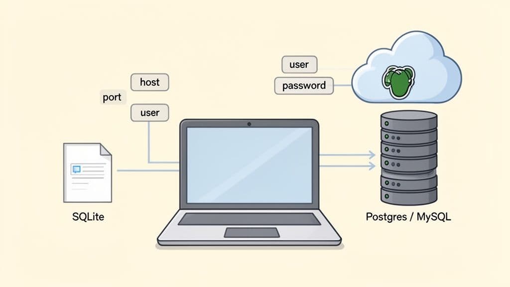 Diagram showing a laptop connecting to SQLite and cloud-based Postgres/MySQL databases with connection parameters.