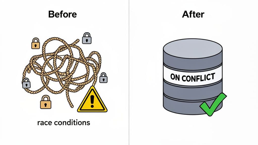 Illustration contrasting tangled race conditions before and a resolved database after using 'ON CONFLICT'.