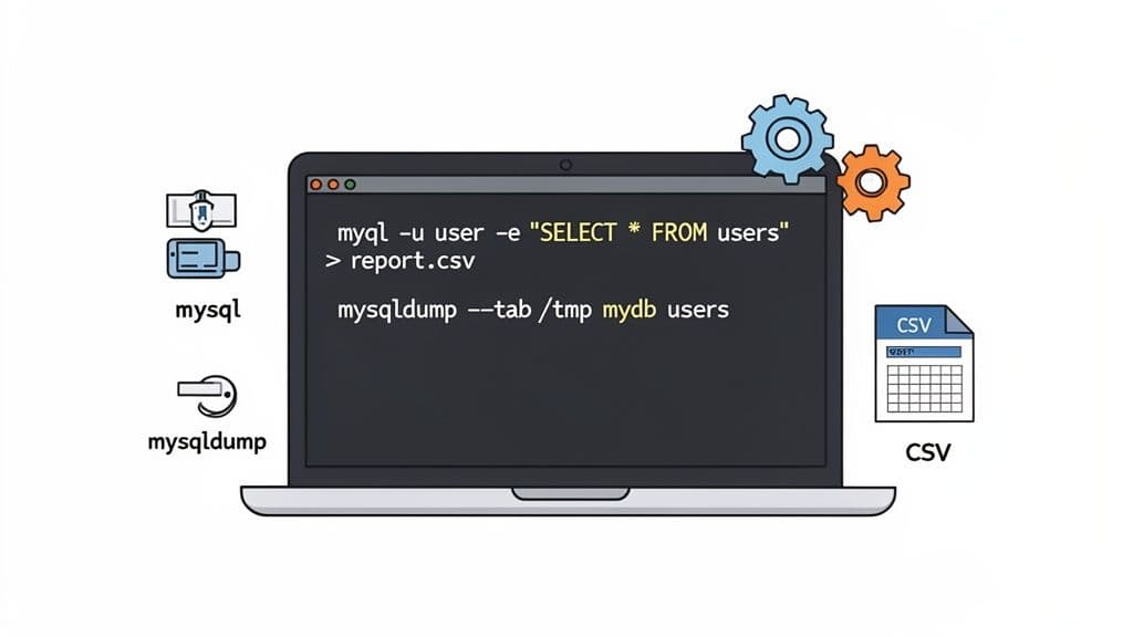A laptop screen shows MySQL commands for exporting database tables to CSV files, accompanied by MySQL and mysqldump icons.