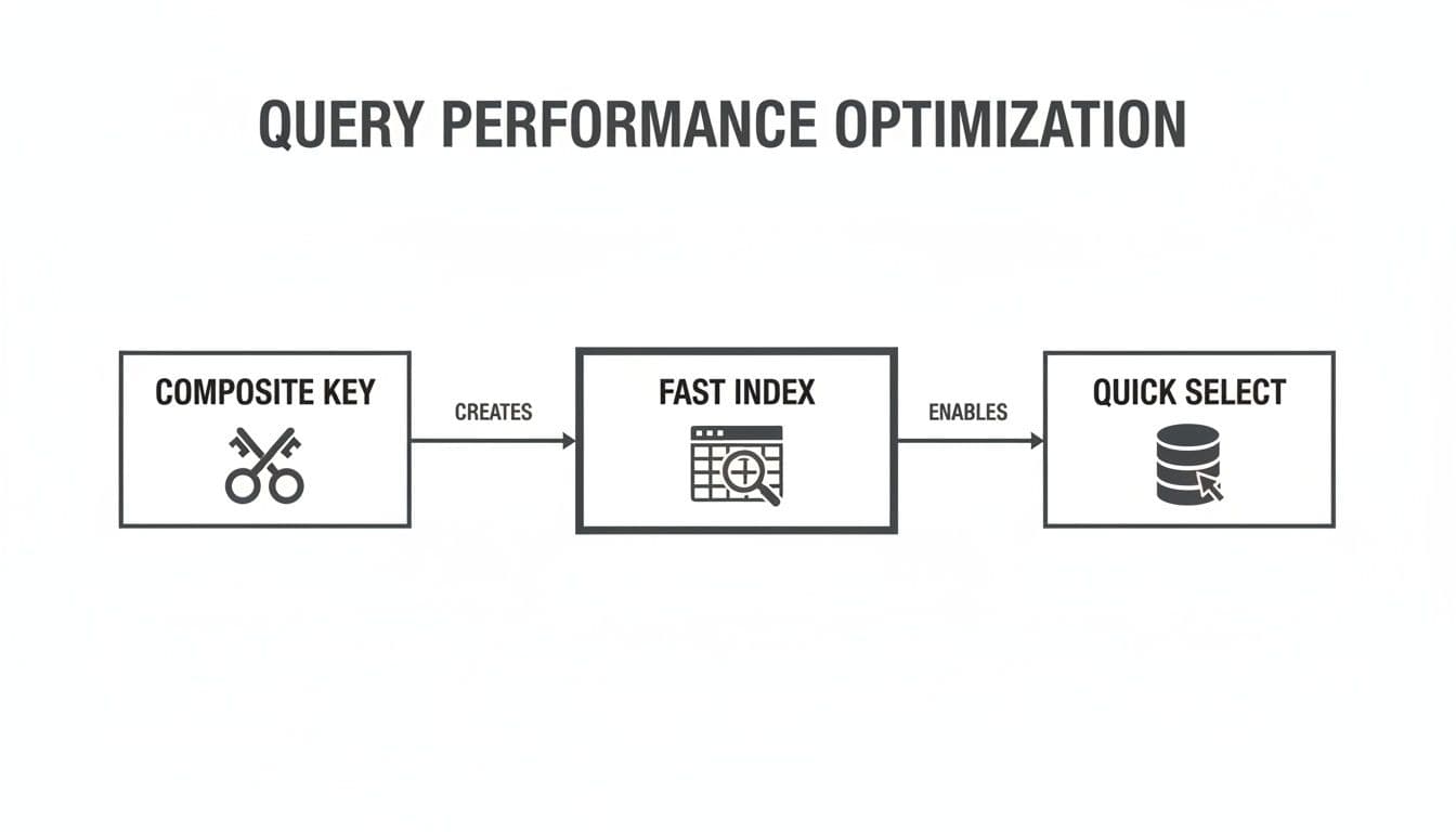 Flowchart illustrating query performance optimization, showing composite keys creating a fast index for quick data selects.