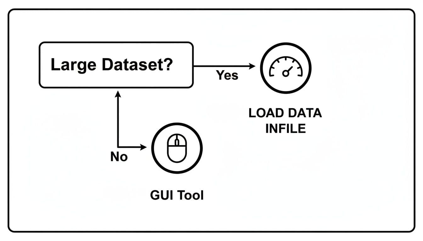 Flowchart illustrating data loading choices: 'Large Dataset?' decision leads to 'LOAD DATA INFILE' or 'GUI Tool'.
