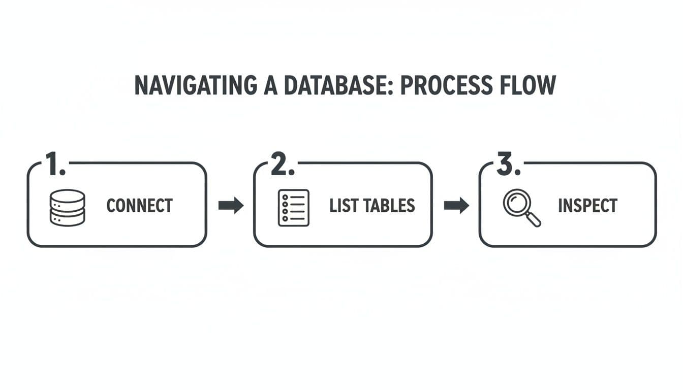 A three-step process flow for navigating a database: Connect, List Tables, and Inspect.
