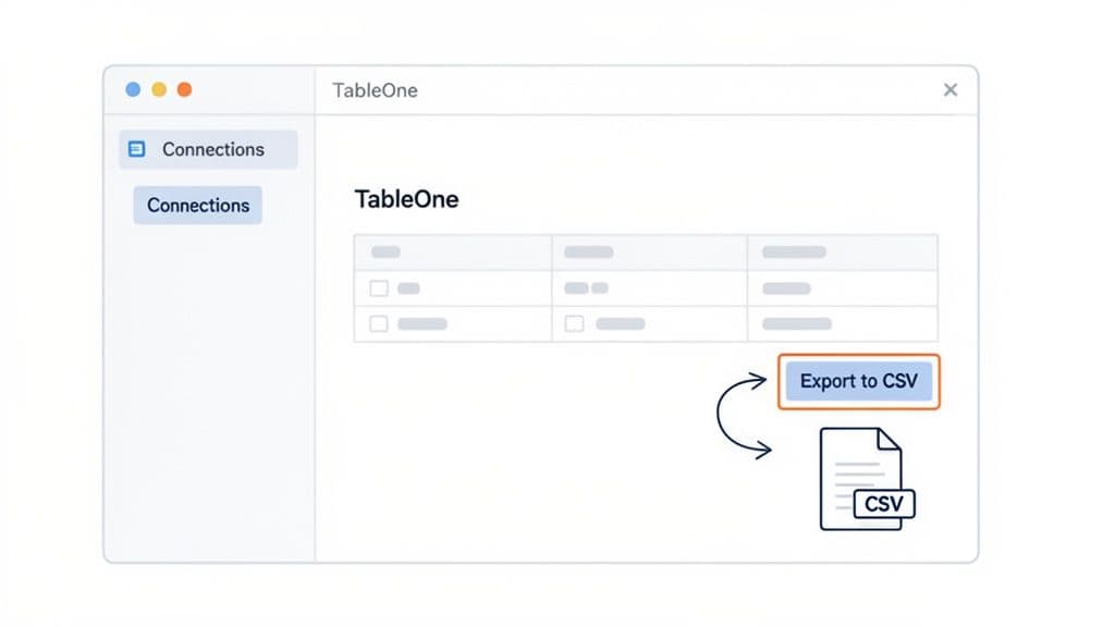 A software interface displaying a table named 'TableOne' with an 'Export to CSV' button and a CSV file icon.