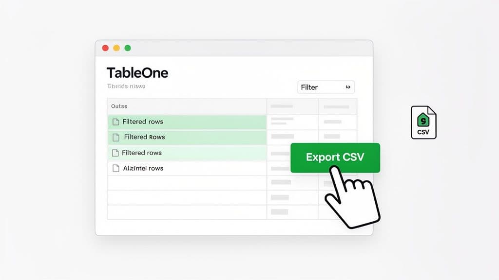 A hand cursor clicks the 'Export CSV' button in a TableOne interface, showing filtered rows.