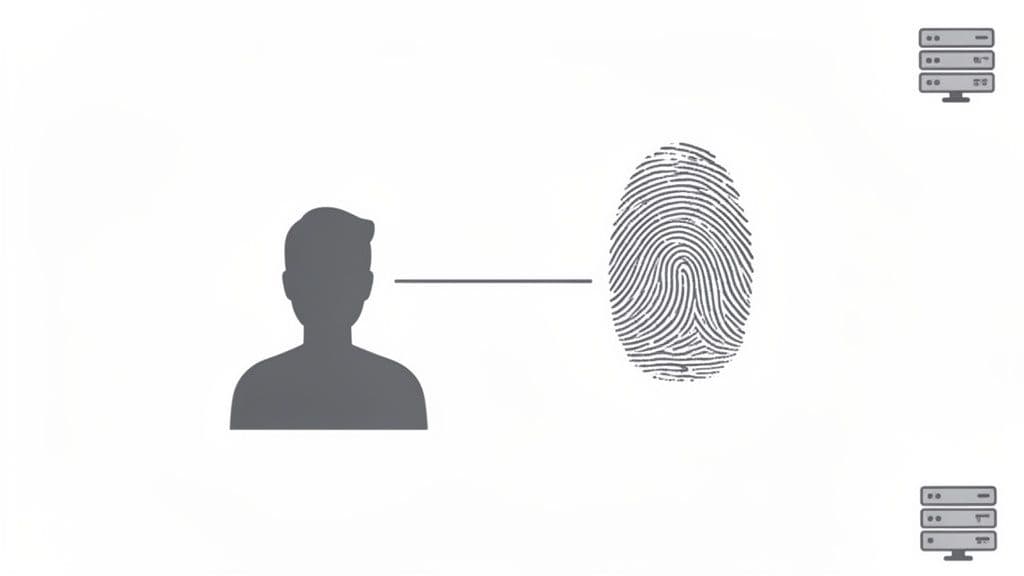 A silhouette of a person linked to a fingerprint, with server icons, symbolizing biometric authentication.