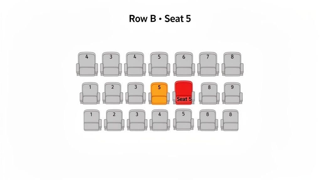 Seating chart displaying multiple rows of chairs, with Row B, Seat 5 highlighted in red and an adjacent seat in orange.