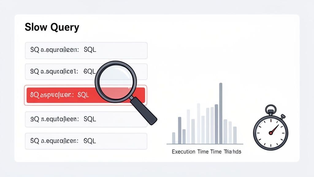 An illustration showing slow SQL queries highlighted, with a magnifying glass, execution time chart, and stopwatch for analysis.