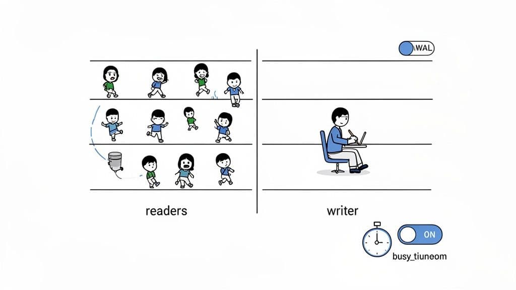 An illustration comparing multiple readers accessing data and a single writer updating a database with WAL mode.