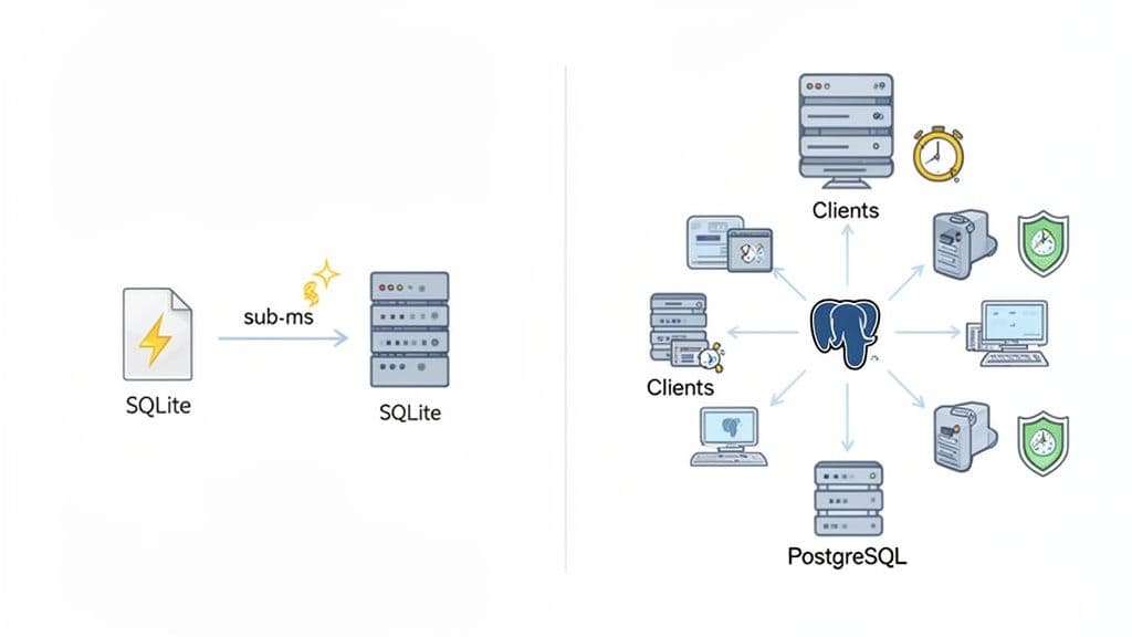 Diagram illustrating SQLite as a local file and PostgreSQL as a networked client-server database.