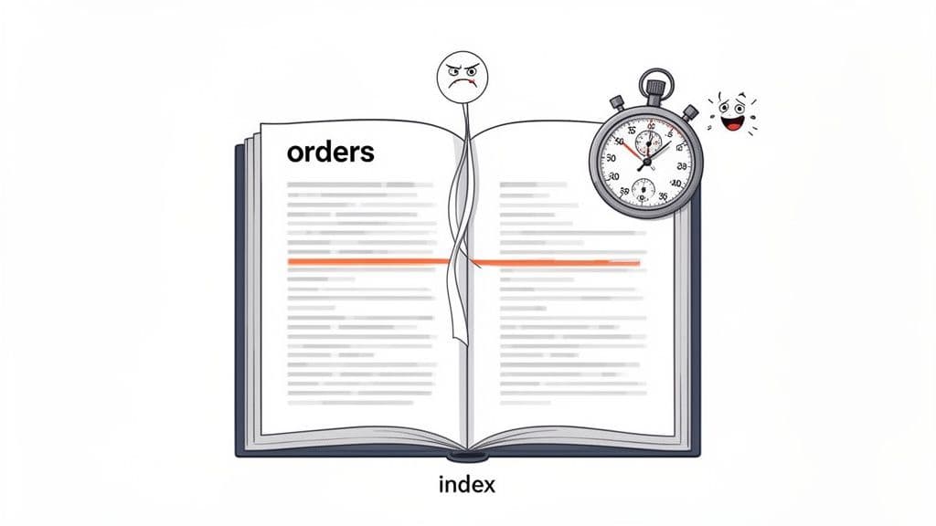 An open book with an angry bookmark, a stopwatch, and the word 'index' representing efficient data lookup.