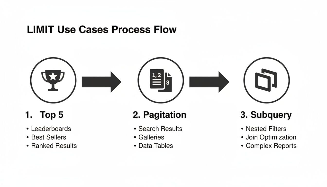 Process flow diagram showing LIMIT use cases: Top 5, Pagination, and Subquery, with detailed examples.