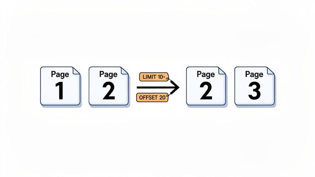 Diagram showing pages 1, 2, and 3, with LIMIT 10 and OFFSET 20 for database pagination.