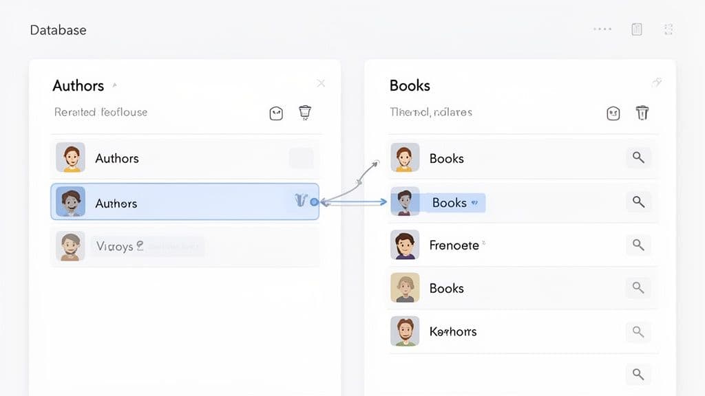 A database interface visually demonstrating the creation of a one-to-many relationship between an author and books.