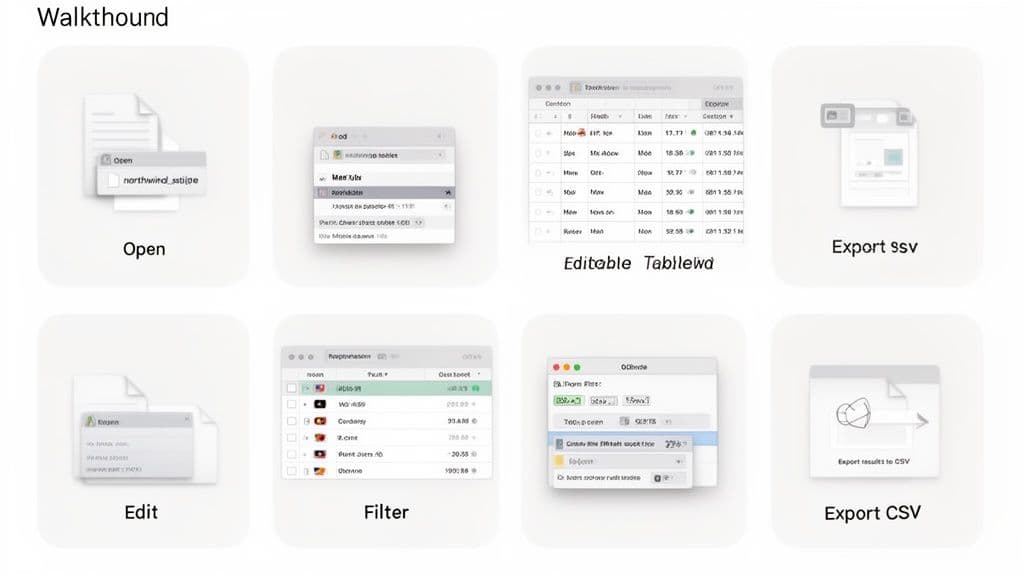 A grid of eight UI screenshots demonstrating data management features like open, edit, filter, and export in a database browser.