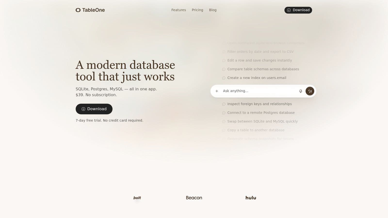 TableOne user interface showing a database connection and table view.